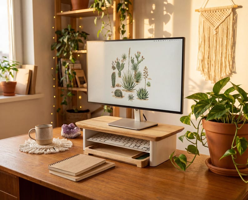 A well-organized workspace with a computer monitor, keyboard, and various plants, including a cactus plant, creating a serene and natural atmosphere.