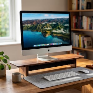 May include: A silver all-in-one computer sits on a rectangular dark wood monitor stand. The desk setup includes a grey felt desk mat, a white wireless keyboard, a white wireless mouse, a ceramic mug, and a small green plant in a ceramic pot.