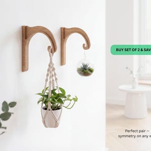 a set of two wooden wall-mounted planters with hanging plants, displayed in a room with a white wall and a window.