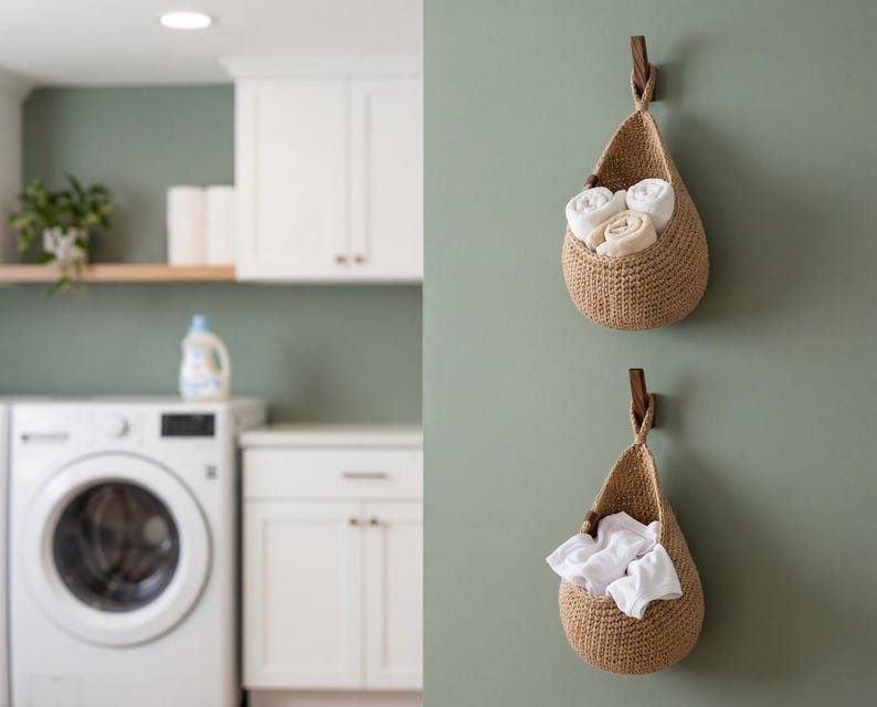 a laundry room with a white washing machine and a basket hanging on the wall. The basket contains folded towels, and there is a bottle of detergent on the counter.