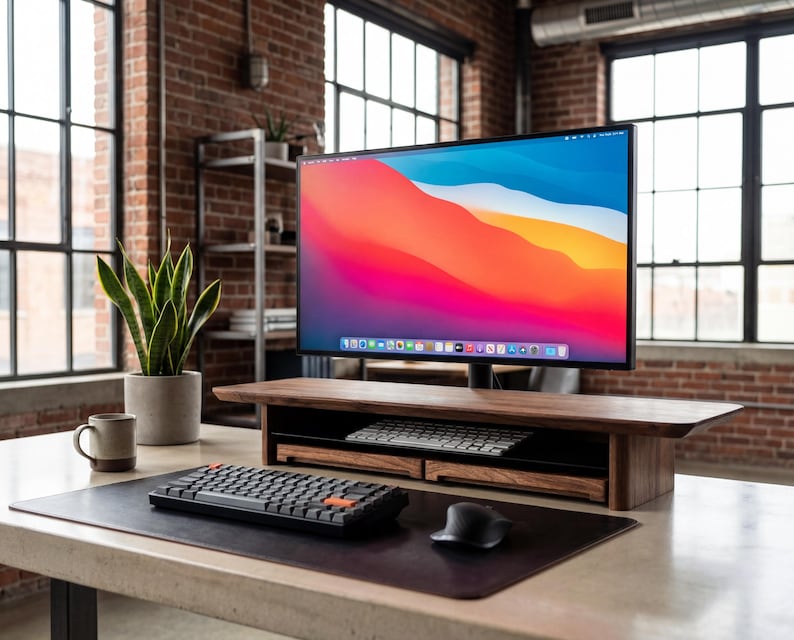 a modern workspace with a large flat-screen monitor, a wooden desk, a keyboard, a mouse, and a potted plant.