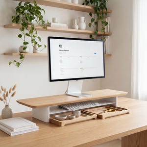 Desk Shelf Monitor Stand with storage, Desk Monitor Riser, Wooden Monitor Shelf, Engraved Oak desk shelf
