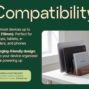 The image is an advertisement for a charging station that can accommodate various devices, such as laptops, tablets, e-readers, and phones. The charging station is designed to be compatible with a wide range of devices, making it a versatile and convenient solution for keeping devices organized and charged.