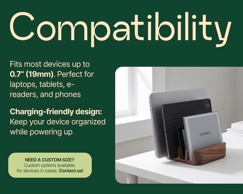 The image is an advertisement for a charging station that can accommodate various devices, such as laptops, tablets, e-readers, and phones. The charging station is designed to be compatible with a wide range of devices, making it a versatile and convenient solution for keeping devices organized and charged.