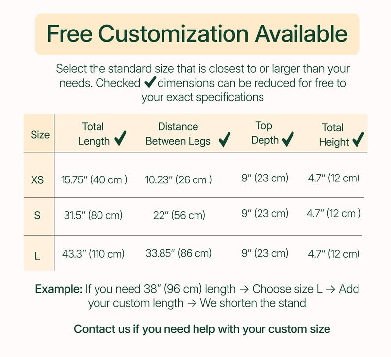 The image is a table with standard sizes and corresponding dimensions, along with a sample that allows for customizing the size based on the user's needs.