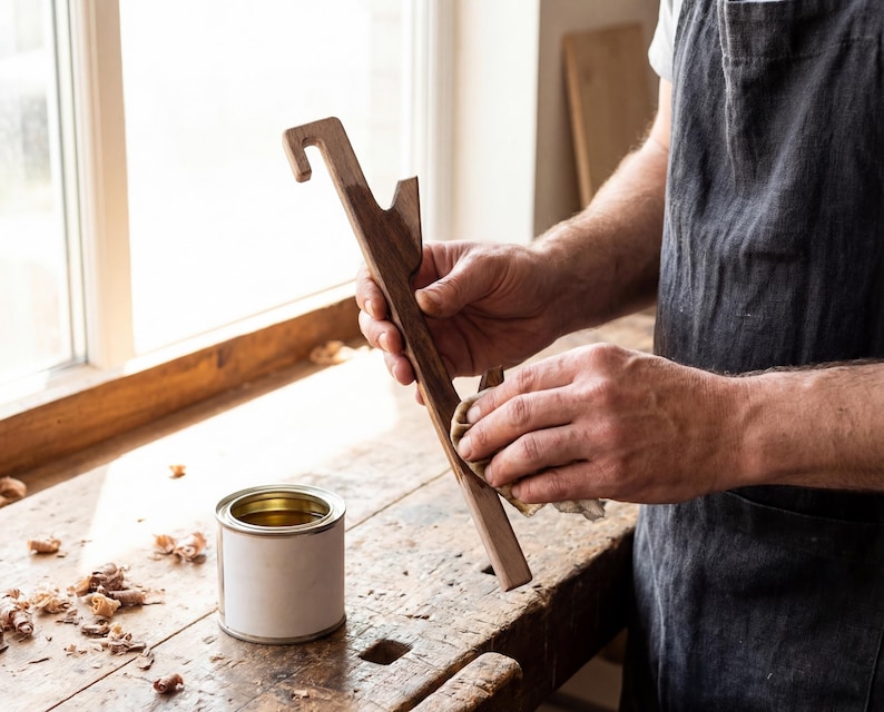 A person is working on a wooden object, likely a tool or piece of furniture, in a workshop setting.