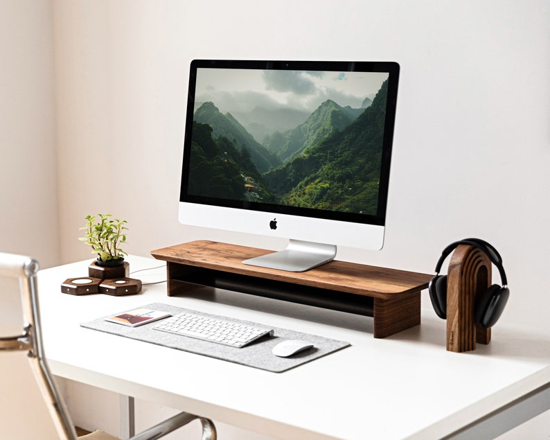Étagère de bureau avec rangement, support pour écran de bureau en bois, étagère pour écran en bois image 2