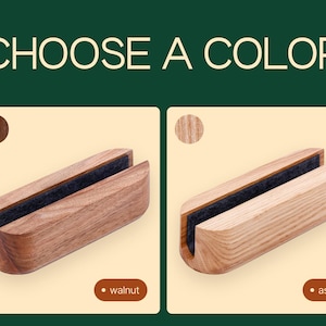 two wooden blocks, each with a different color and texture, along with the text "CHOOSE A COLOR" and "walnut" and "ash" indicating the color options.