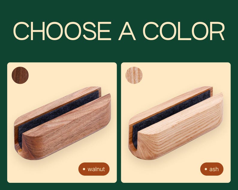 two wooden blocks, each with a different color and texture, along with the text "CHOOSE A COLOR" and "walnut" and "ash" indicating the color options.