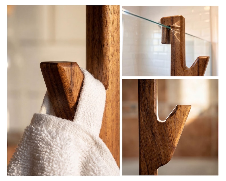 a wooden towel rack with a white towel hanging on it. The towel rack is made of wood and has a glass panel at the top. The image is a collage of three close-up shots, showing different aspects of the wooden towel rack.