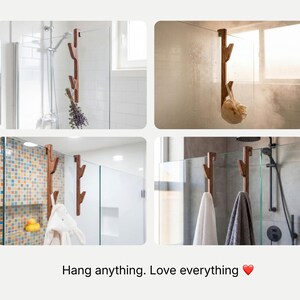 The image is a collage of four photos showing different bathroom fixtures, including a shower, towel rack, and towel.