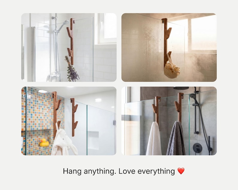 The image is a collage of four photos showing different bathroom fixtures, including a shower, towel rack, and towel.