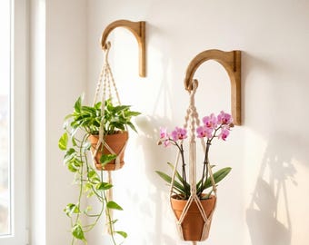 Gancho para colgar plantas de macramé — Soporte de pared de madera, decoración bohemia, regalo de inauguración, madera maciza de roble o nogal