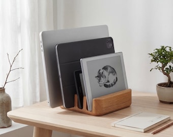 Vertical Laptop Stand for Desk | Dual Slot MacBook Holder, Walnut Wood, Compatible with MacBook Pro/Air & Surface Pro