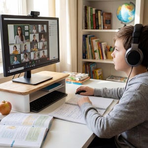 A young boy wearing headphones is sitting at a desk, intently focused on a computer screen displaying a video call with multiple participants.