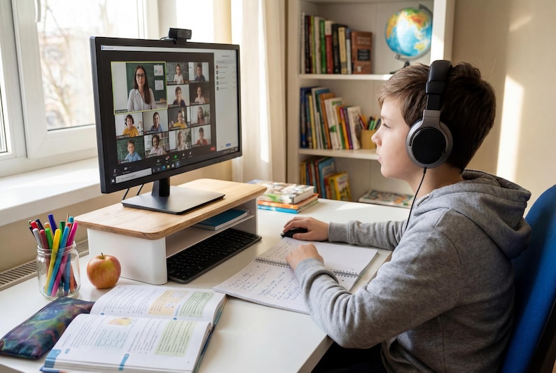 A young boy wearing headphones is sitting at a desk, intently focused on a computer screen displaying a video call with multiple participants.