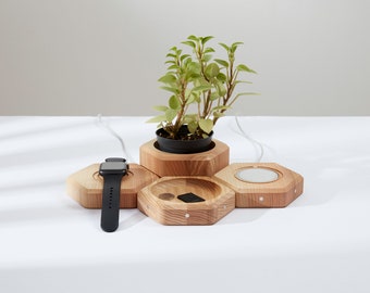 Wooden Desk Organizer Set for Magsafe Charging Phone and Watch - Handmade 1-7 Module System