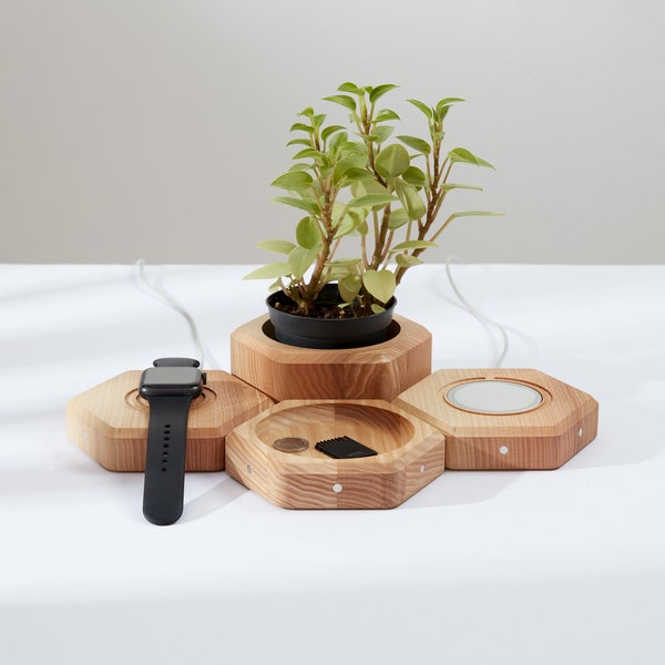 Wooden Desk Organizer Set for Magsafe Charging Phone and Watch - Handmade 1-7 Module System