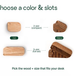various types of wooden boards or slats, each with different shapes and sizes, along with instructions on how to choose the appropriate wood based on the size of a desk.