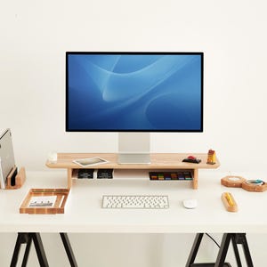 Wood Desk Monitor Stand with Storage - Custom Monitor Riser Shelf