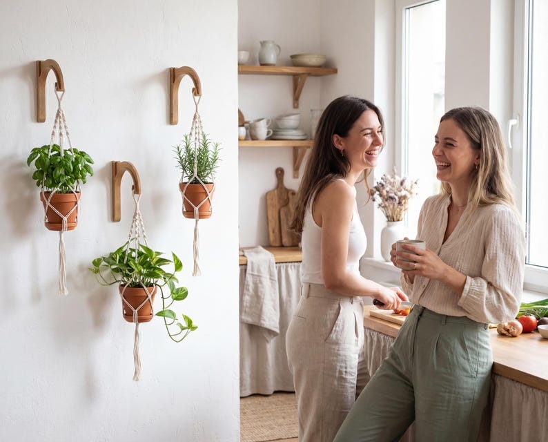 Two women are standing in a kitchen, smiling and holding cups, surrounded by potted plants and kitchenware.