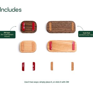 The image includes three different types of wooden coasters, each with a unique design and color. The coasters are designed to protect your desk and are mounted using 3M tape. They can be used in two ways: simply place it on your desk, or stick it in with 3M tape.