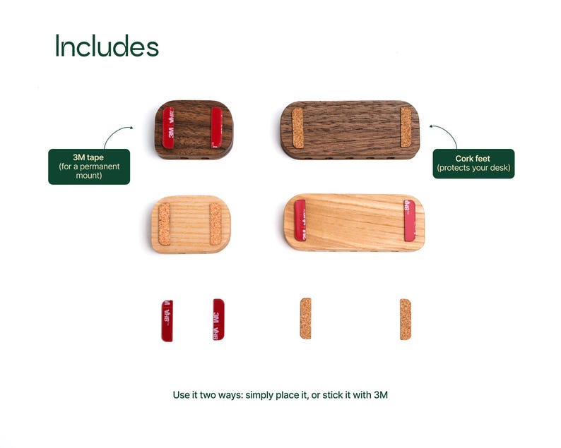 The image includes three different types of wooden coasters, each with a unique design and color. The coasters are designed to protect your desk and are mounted using 3M tape. They can be used in two ways: simply place it on your desk, or stick it in with 3M tape.