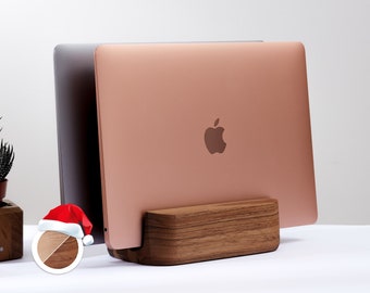 Wood Vertical Laptop Stand for Desk Setup, Dual Laptop Holder for Desk Organization, Walnut Macbook Pro home office,