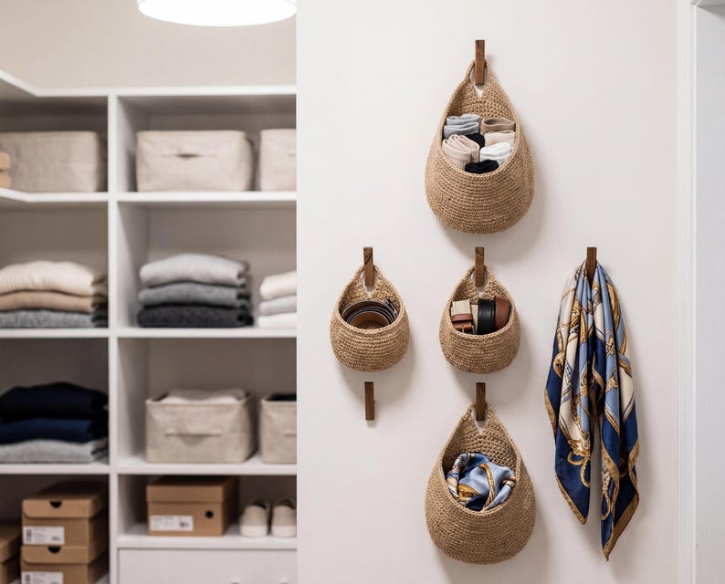 A well-organized closet with various storage solutions, including woven baskets and shelves, neatly arranged with folded clothes and accessories.