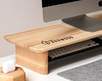 Personalized Wood Desk Monitor Stand with Storage - Custom Monitor Riser Shelf
