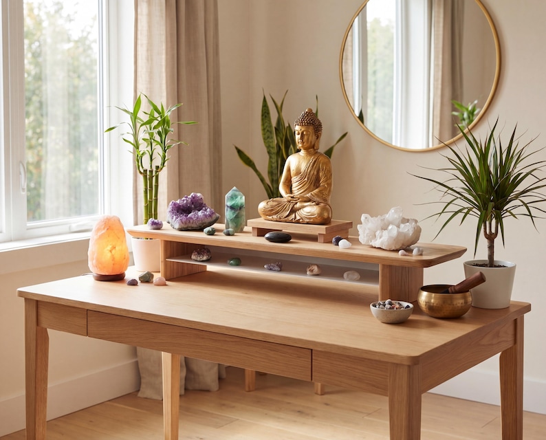 a serene and tranquil indoor setting with a wooden desk adorned with various objects, including a Buddha statue, a crystal bowl, and a potted plant.