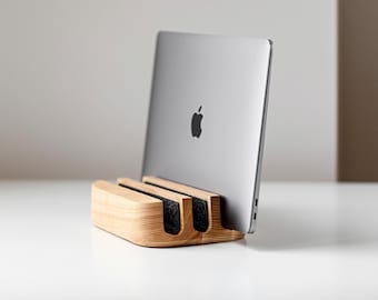 Laptop Vertical Docking Station – Multi Laptop Stand – Wooden Device Holder for Desk Setup