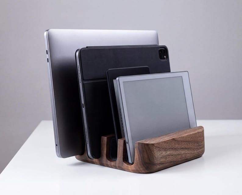 A wooden charging station holds three electronic devices, including a laptop, tablet, and smartphone, neatly organized and ready for use.