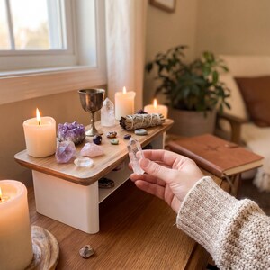 A hand is holding a crystal over a wooden table with candles, crystals, and a book, with a window and plants in the background.