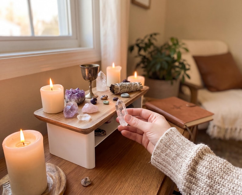 A hand is holding a crystal over a wooden table with candles, crystals, and a book, with a window and plants in the background.