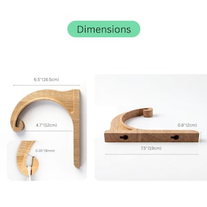 two wooden pieces, one with a curved shape and the other with a straight shape, along with their respective dimensions.