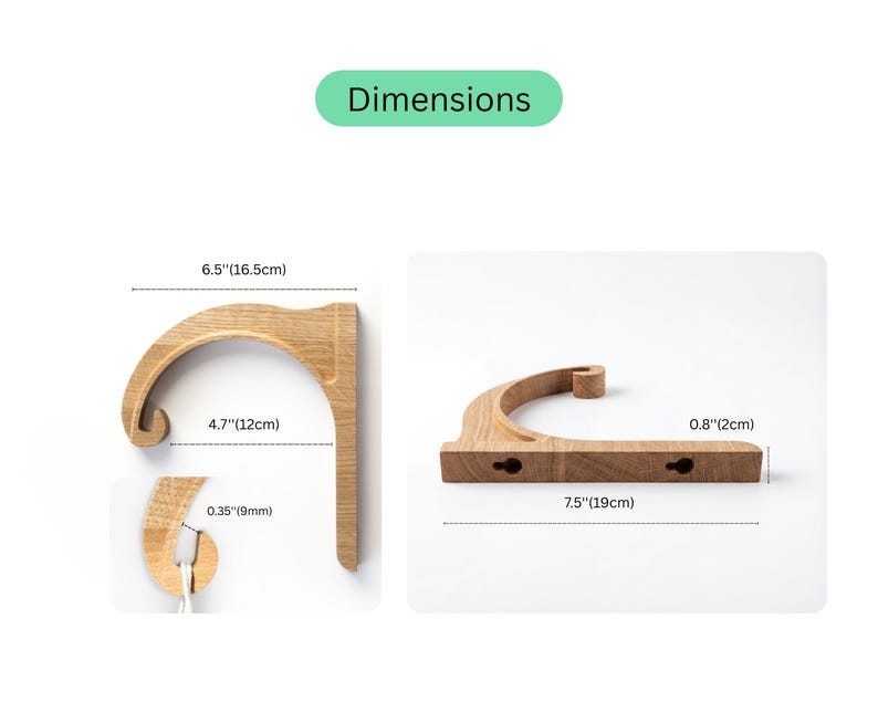 two wooden pieces, one with a curved shape and the other with a straight shape, along with their respective dimensions.