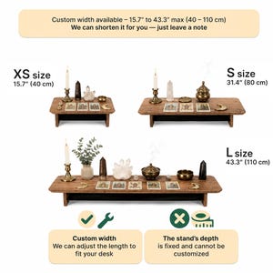 The image is a collage of three images depicting different sizes of wooden tables with various items on them, such as candles, crystals, and tarot cards.