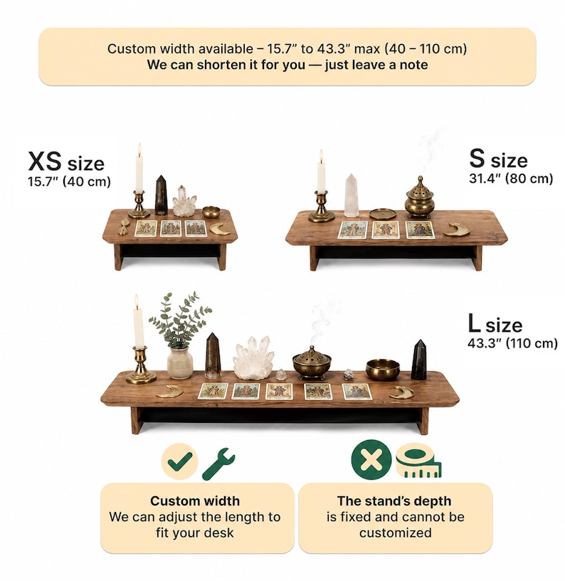 The image is a collage of three images depicting different sizes of wooden tables with various items on them, such as candles, crystals, and tarot cards.
