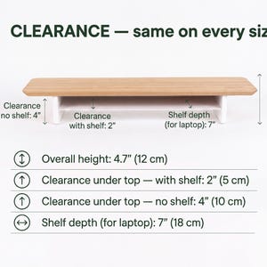 The image is a product image for a wooden shelf with a clear design. It features a shelf with a clear top and bottom, and the shelf is described in terms of its overall height, shelf depth, and shelf depth for a laptop.