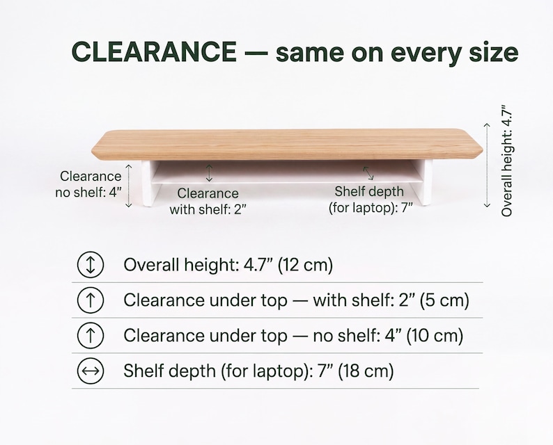 The image is a product image for a wooden shelf with a clear design. It features a shelf with a clear top and bottom, and the shelf is described in terms of its overall height, shelf depth, and shelf depth for a laptop.
