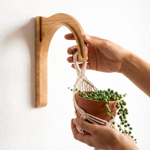 A person's hands are holding a wooden plant holder with a hanging plant in a terracotta pot.