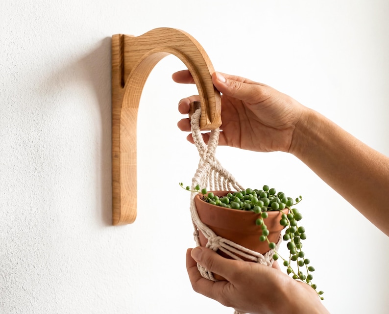 A person's hands are holding a wooden plant holder with a hanging plant in a terracotta pot.