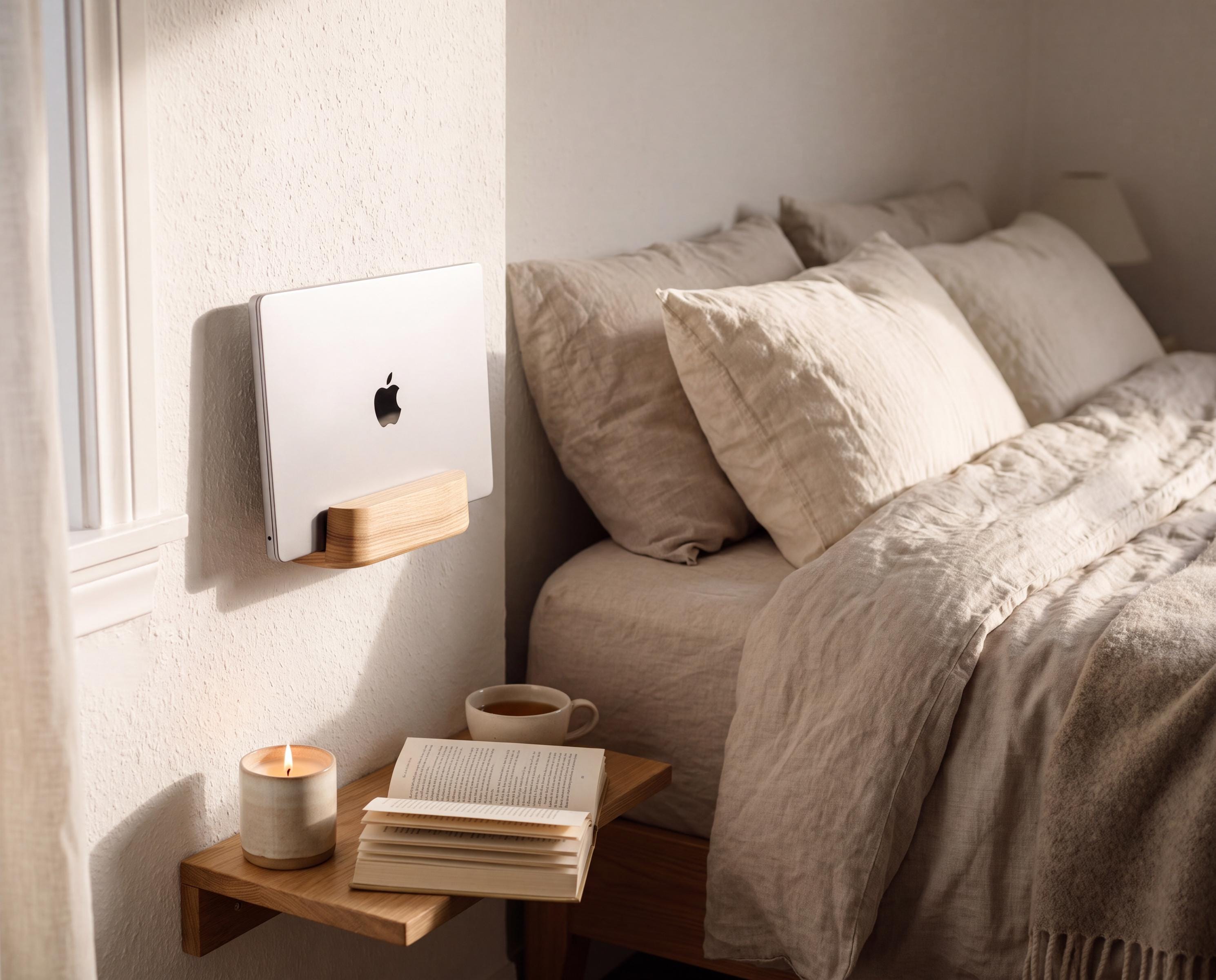 Handmade Solid Wood Laptop Stand, Eco Friendly Wall Vertical Holder, Natural Home Office Decor