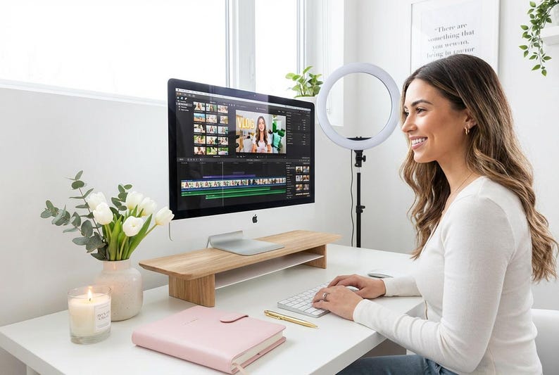 A woman is sitting at a desk, working on a computer with a large monitor, keyboard, and mouse. She is smiling and appears to be focused on her work. The desk is decorated with a vase of flowers, a candle, and a pink notebook.