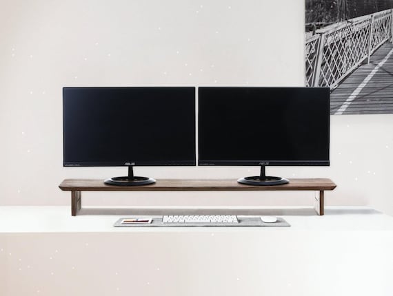 Desk Shelf Dual Monitor Stand with metal shelf storage, Desk Monitor Riser wooden