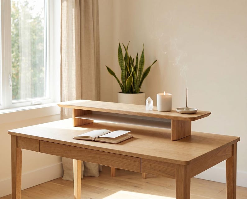a wooden desk with a book, a candle, and a plant, situated in a room with a window and a curtain.