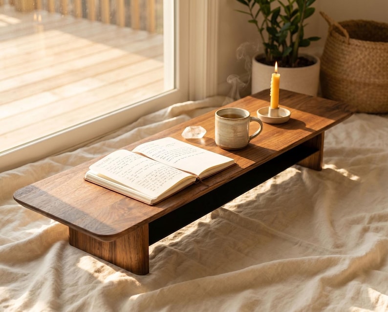 A wooden table with an open book, a mug of coffee, and a lit candle on it, placed near a window.