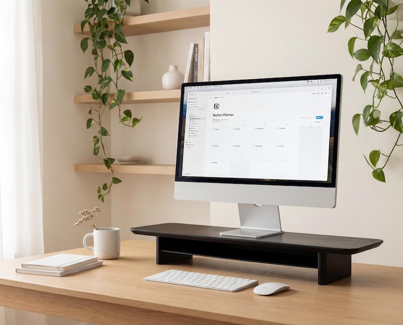 a well-organized workspace with a computer monitor, keyboard, and mouse on a wooden desk. The monitor displays a calendar application, and there are some plants and decorative items in the background.