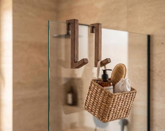 Over the Glass Shower Door Hook, No Drill Walnut Wooden Towel Hanger for Frameless Doors – Housewarming Gift Bathroom Decor